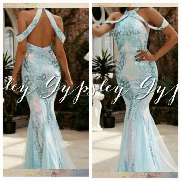 BABY BLUE HALTER STYLE, SLEEVELESS BAROQUE MERMAID MAXI DRESS - Picture 1 of 16